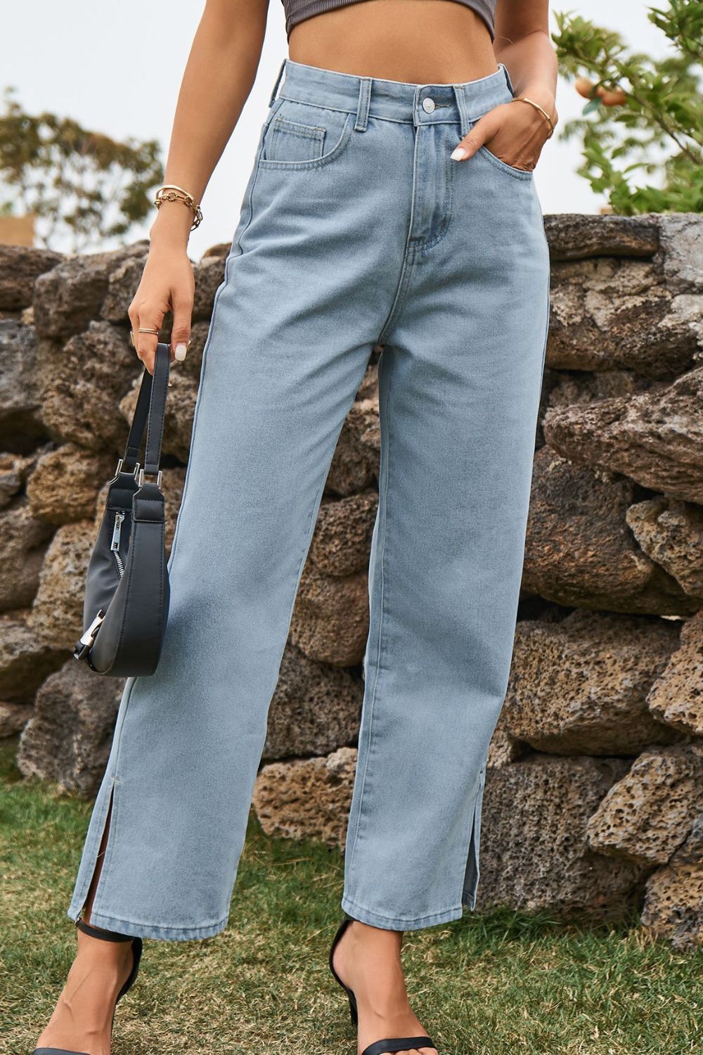 High Waist Loose Fit Ankle Slit Jeans Light Fitggins