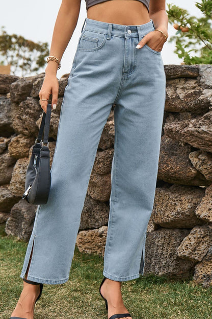 High Waist Loose Fit Ankle Slit Jeans Light Fitggins