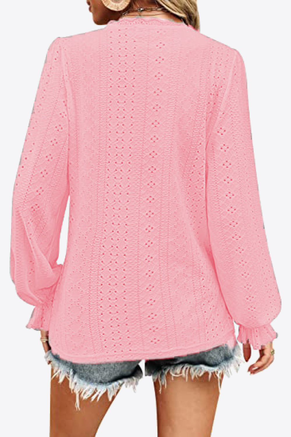 Eyelet V-Neck Flounce Sleeve Blouse Fitggins