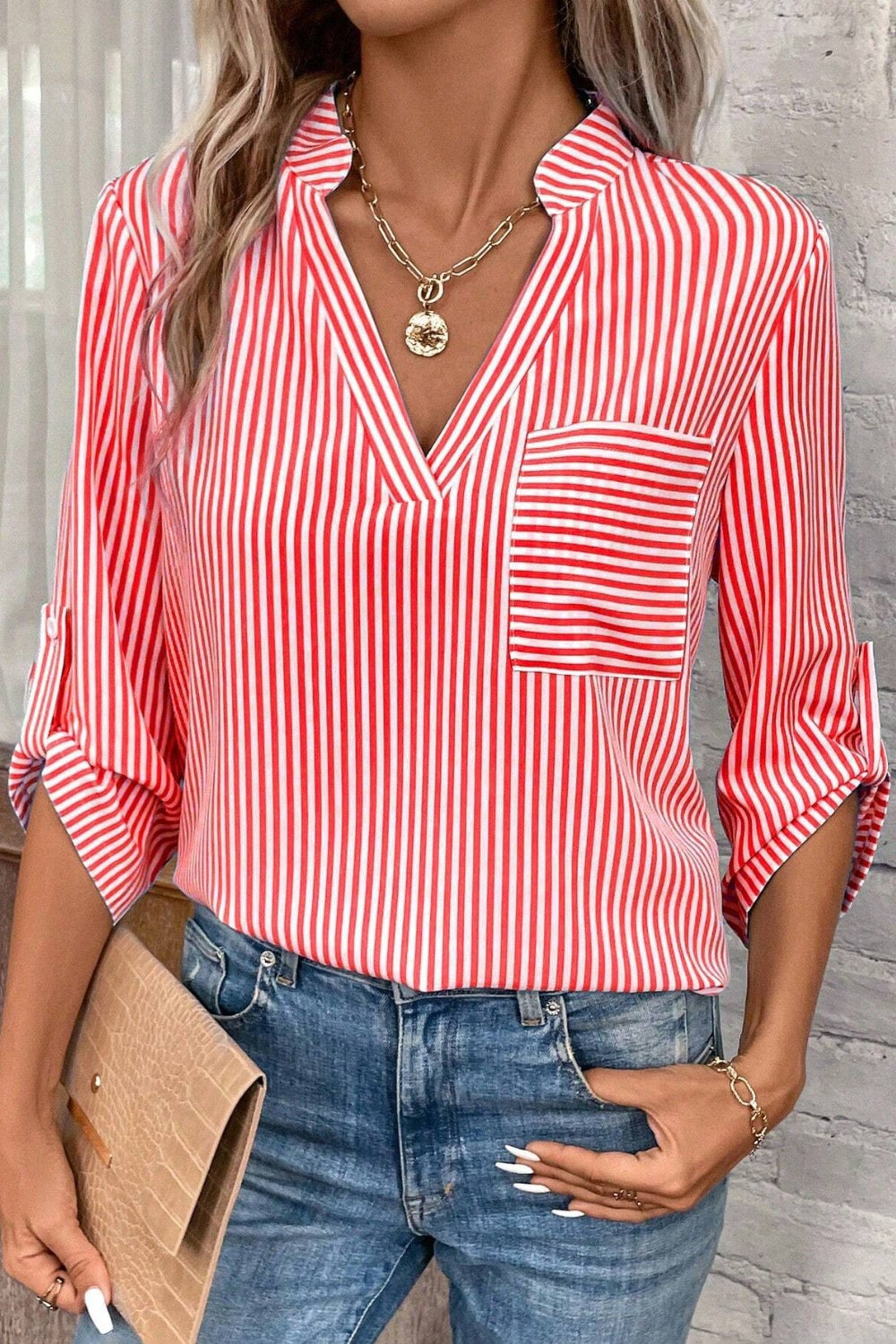 Striped Notched Roll-Tab Sleeve Shirt - Shirts - FITGGINS