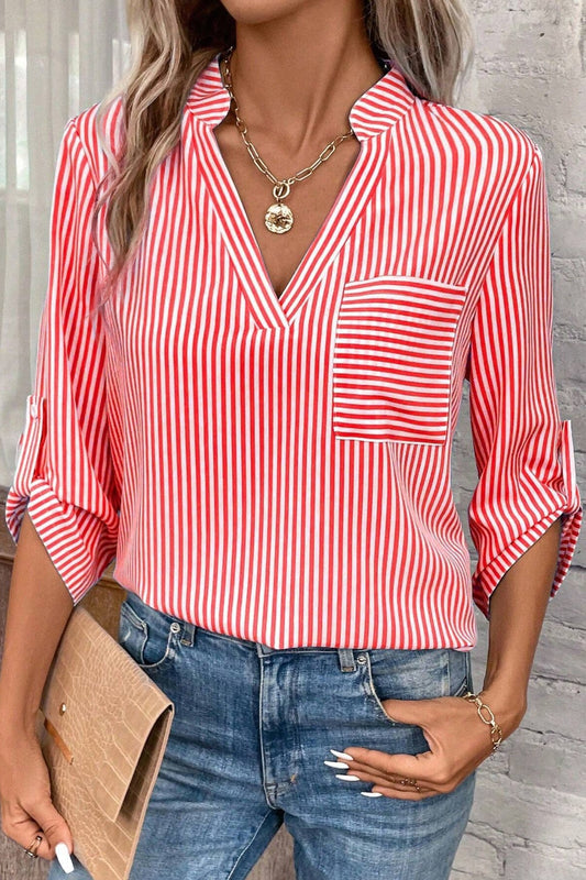 Striped Notched Roll-Tab Sleeve Shirt - Shirts - FITGGINS