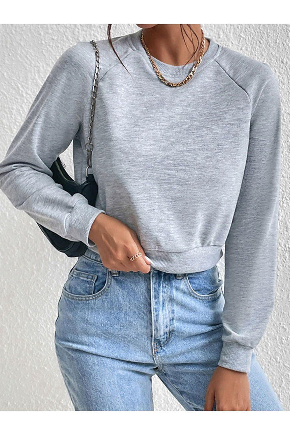 Perfee Raglan Sleeve Round Neck Cropped Sweatshirt - Sweatshirts & Hoodies - FITGGINS