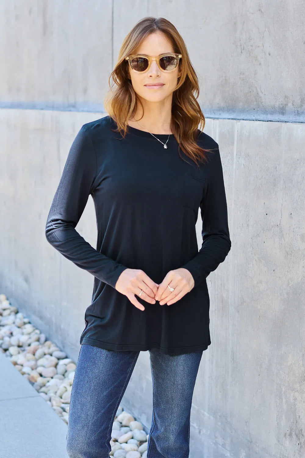 Basic Bae Full Size Round Neck Long Sleeve Top Black Fitggins