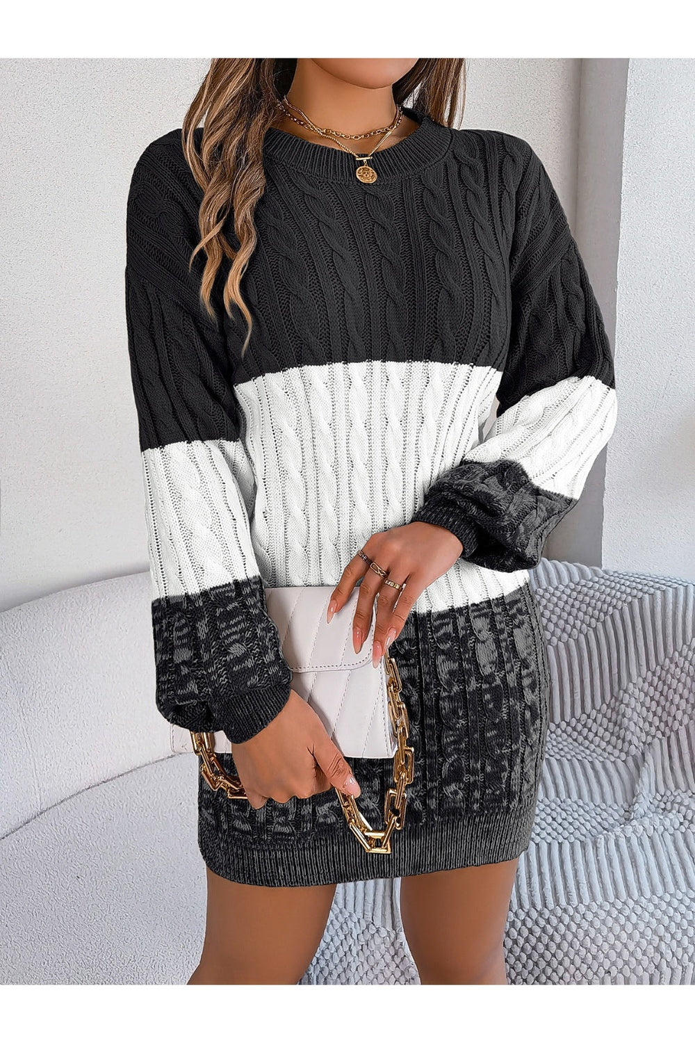 Cable-Knit Round Neck Color Block Sweater Dress - Sweater Dresses - FITGGINS