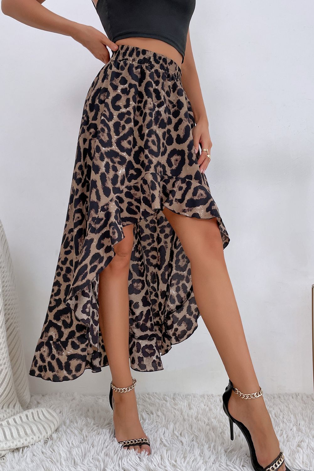 Leopard Ruffle Hem High-Low Skirt - Skirts - FITGGINS