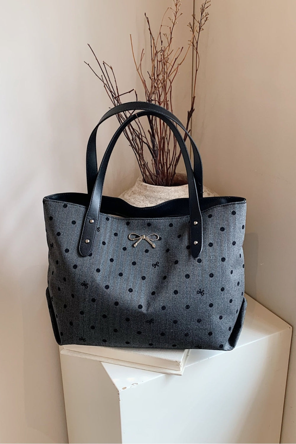 Polyester Bow Polka Dot Tote Bag - Handbag - FITGGINS