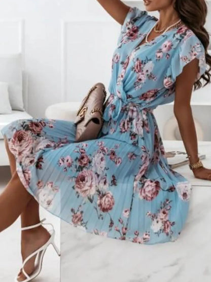 Floral Surplice Ruffled Cap Sleeve Dress Fitggins