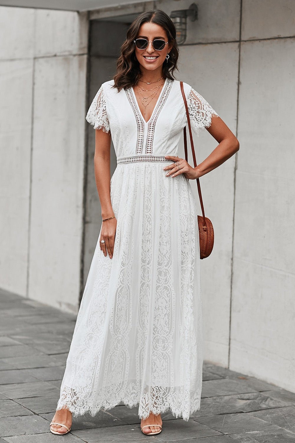 Scalloped Trim Lace Plunge Dress - Cocktail Dresses - FITGGINS