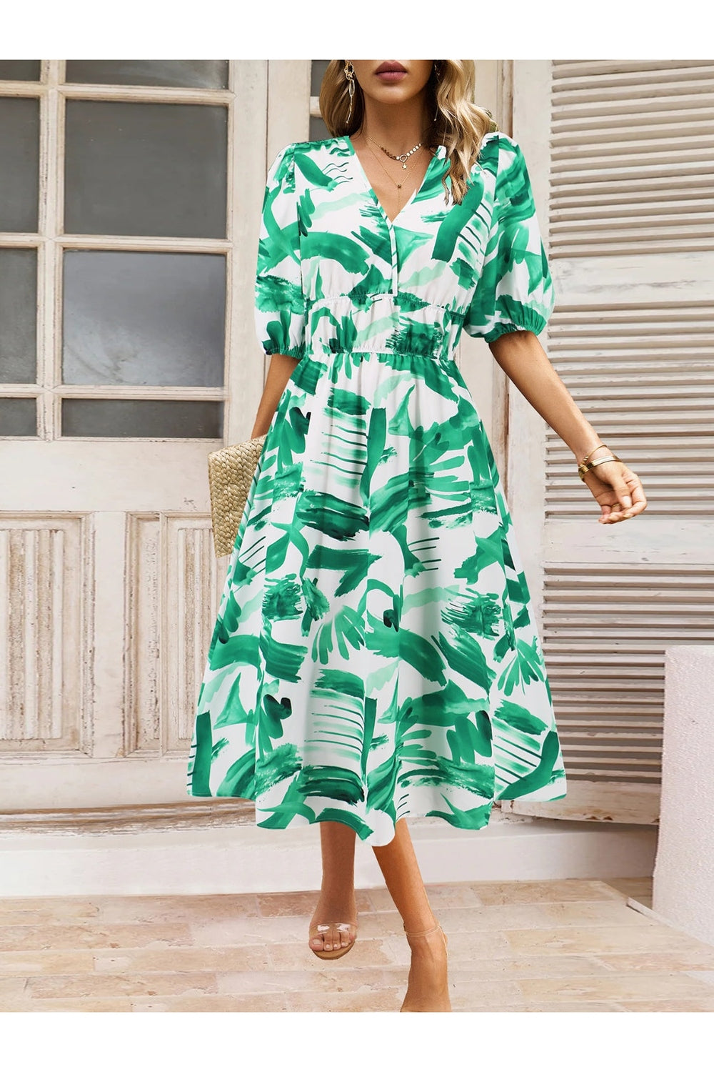 Ruched Printed Surplice Short Sleeve Dress - Casual & Maxi Dresses - FITGGINS