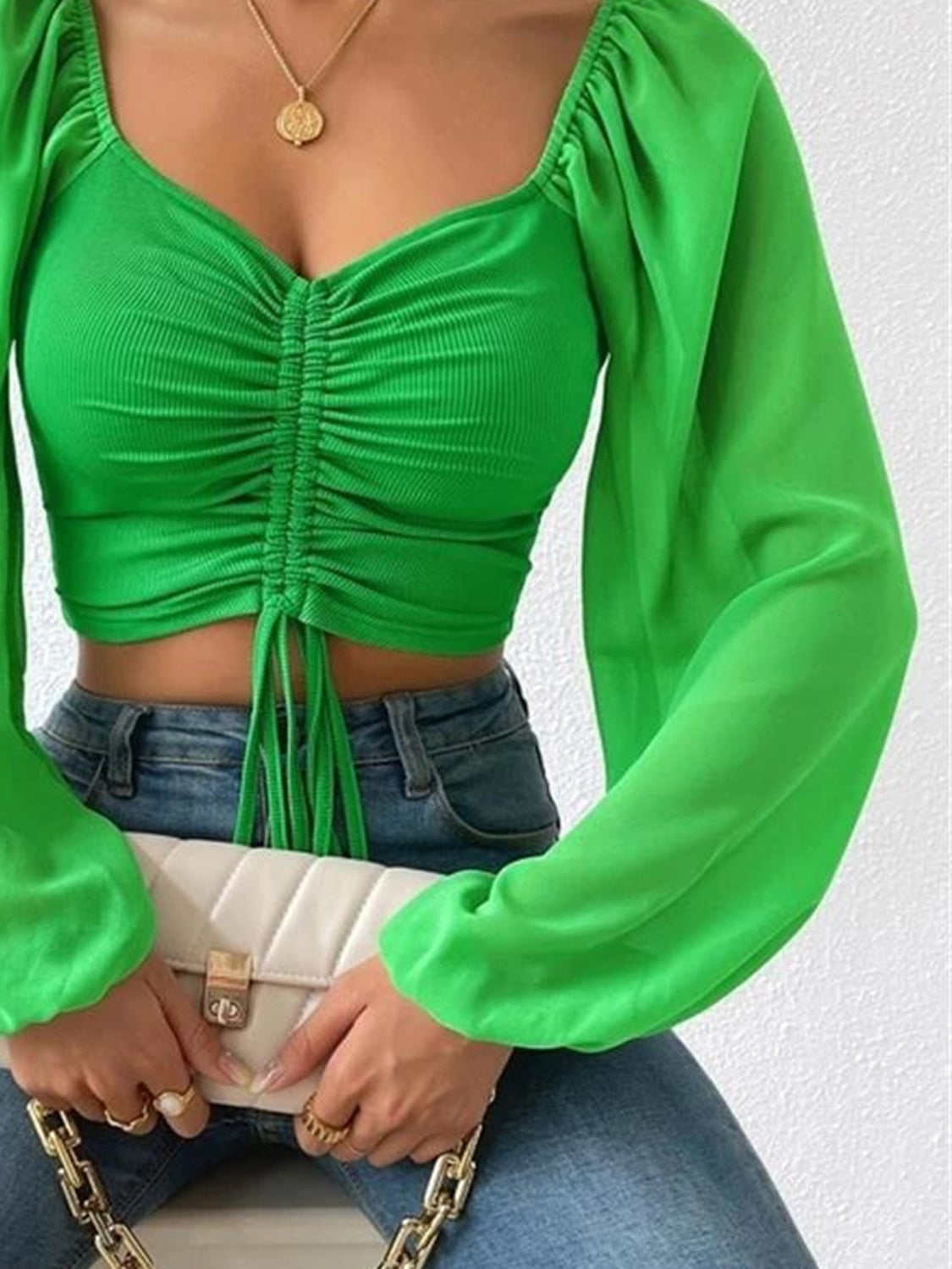 Drawstring Sweetheart Neck Cropped Top Fitggins