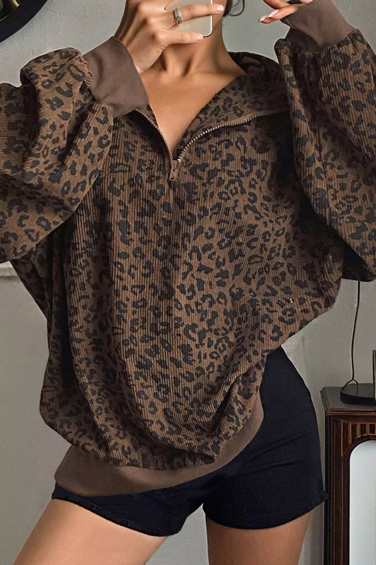 Leopard Print Quarter Zip Corduroy Sweatshirt Fitggins