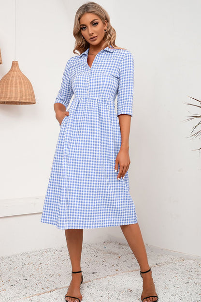 Ivy Lane Plaid Collared Neck Midi Dress Light Blue Fitggins