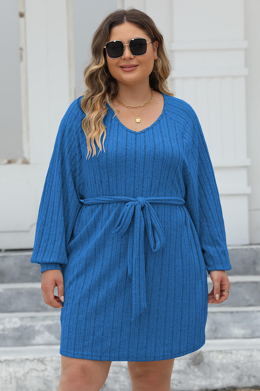 Plus Size Ribbed Tie Front Long Sleeve Sweater Dress - Sweater Dresses - FITGGINS