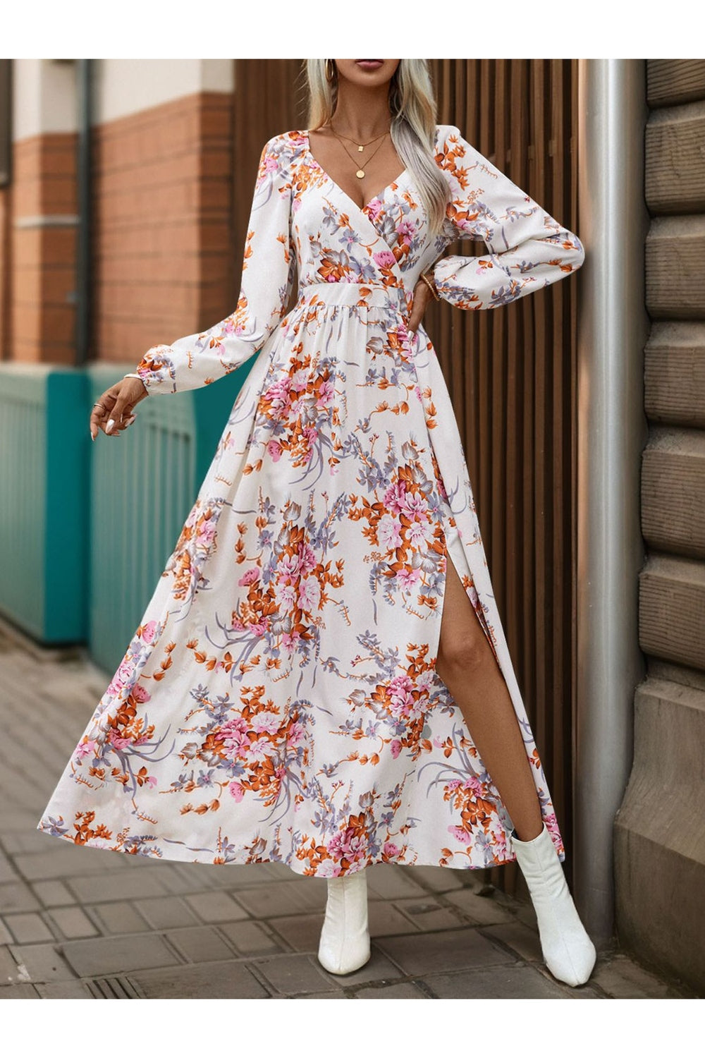 Perfee Slit Printed Surplice Long Sleeve Maxi Dress - Casual & Maxi Dresses - FITGGINS