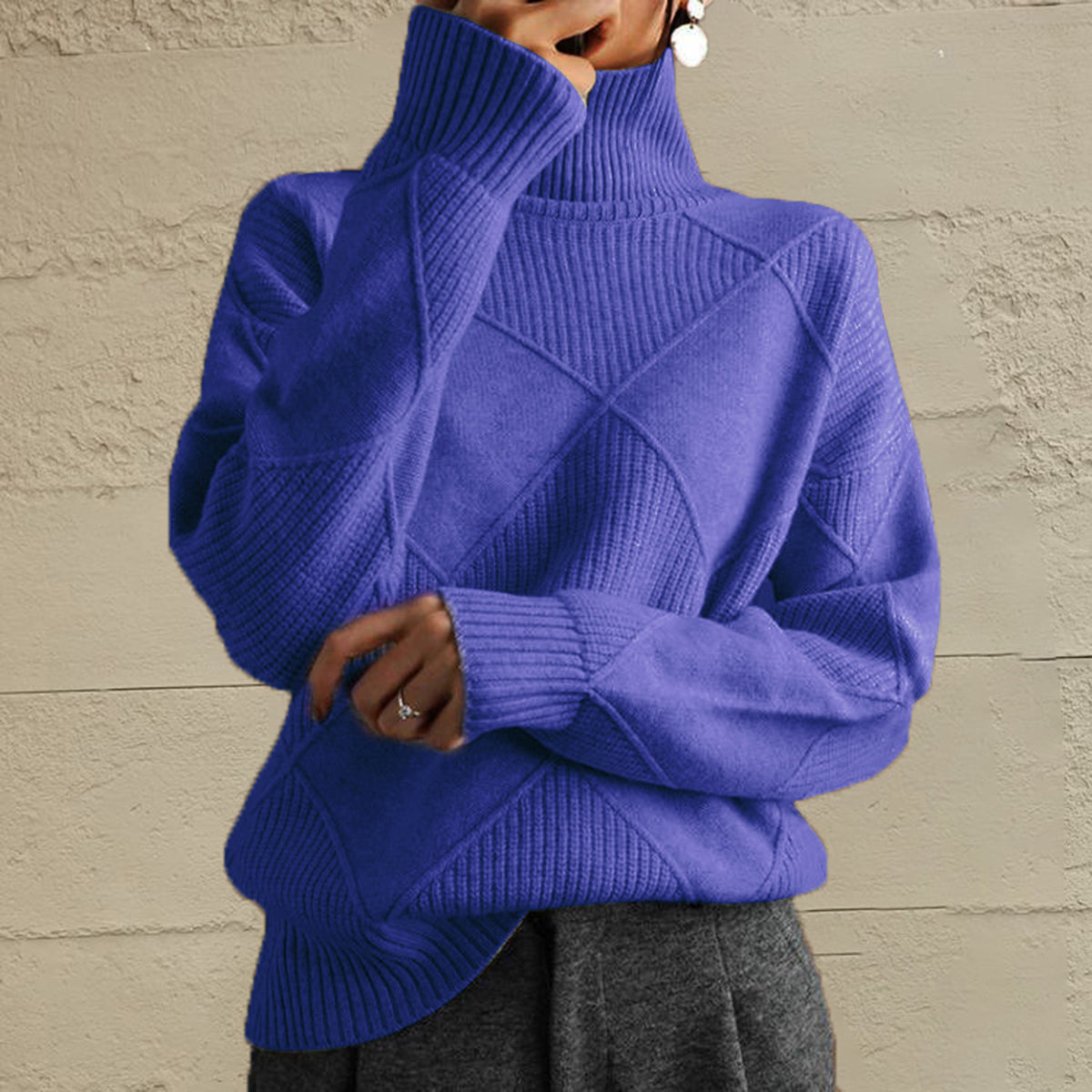 Geometric Turtleneck Long Sleeve Sweater Indigo Fitggins