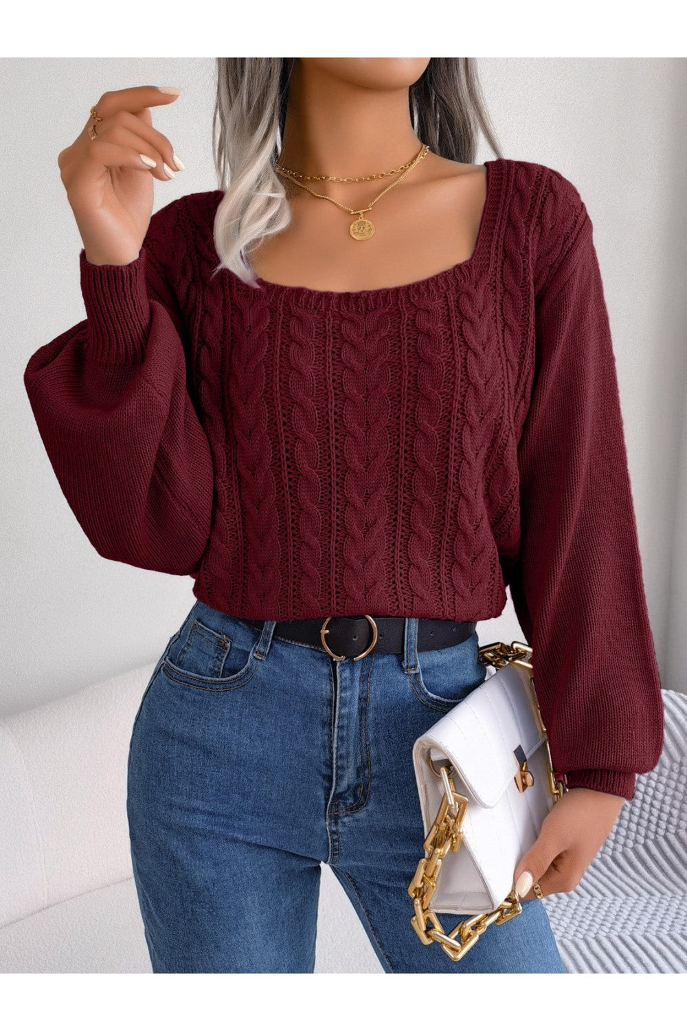 Cable-Knit Square Neck Long Sleeve Sweater - Pullover Sweaters - FITGGINS