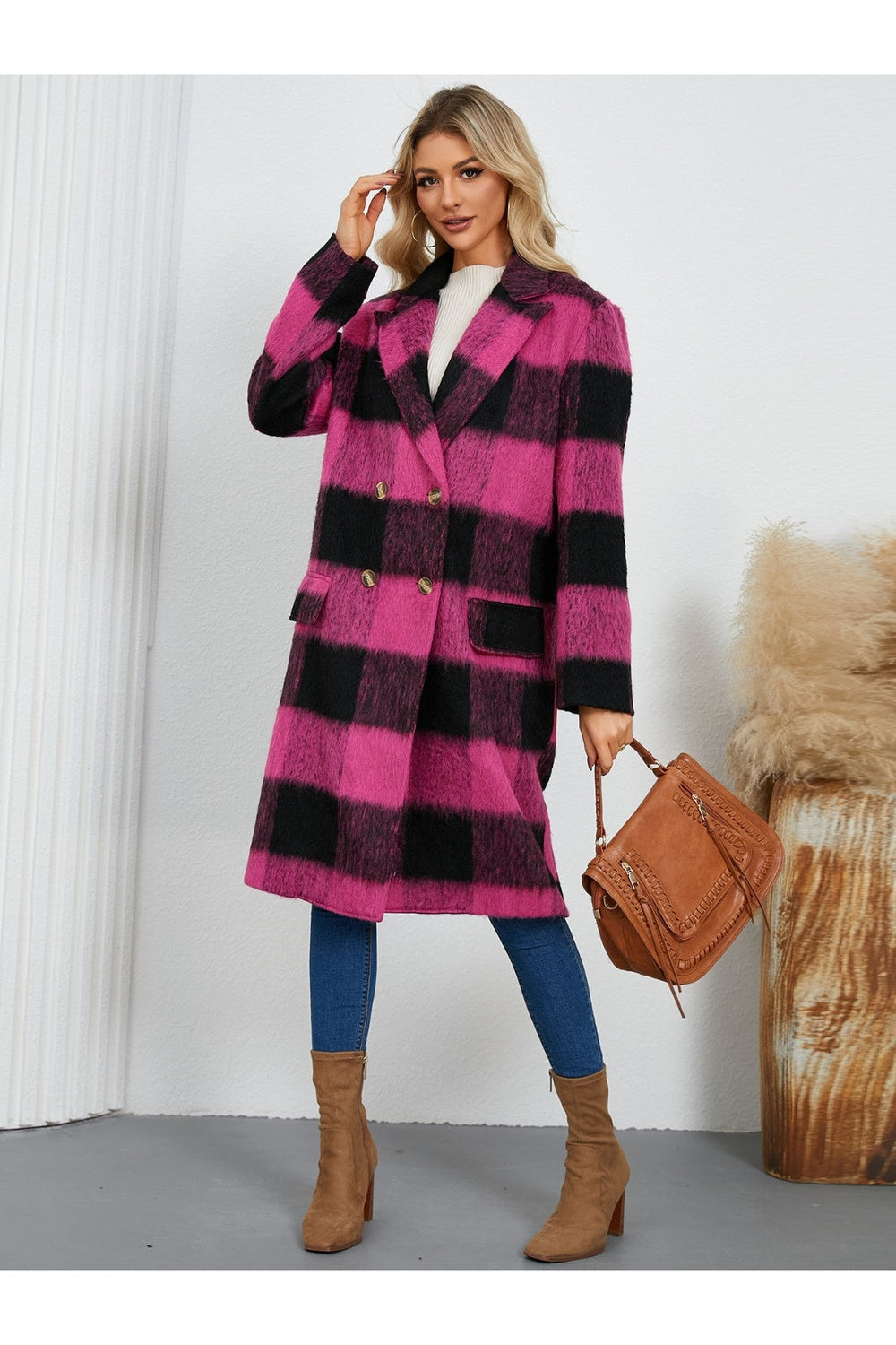 Plaid Double-Breasted Long Sleeve Coat - Jackets - FITGGINS