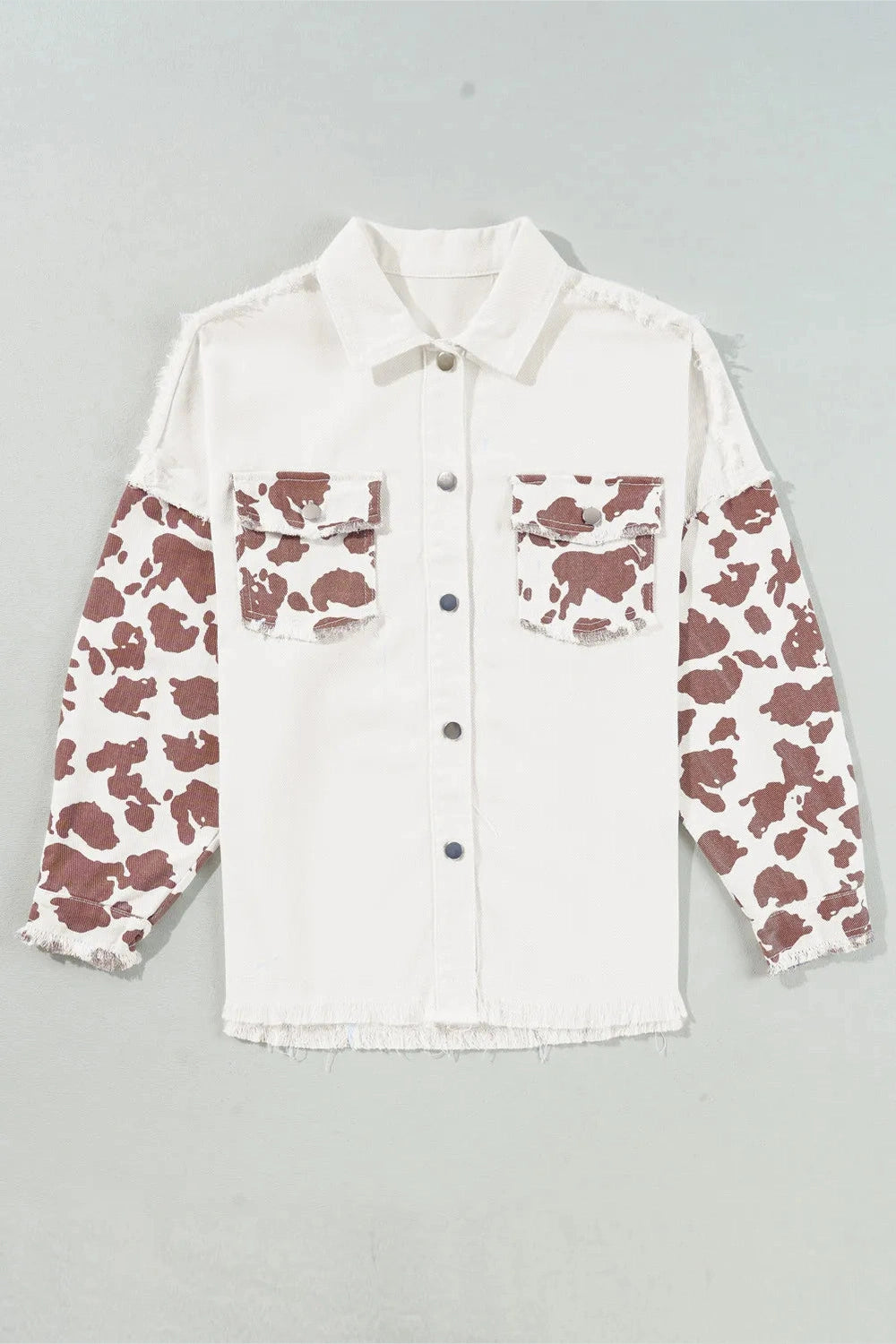 Raw Hem Animal Print Long Sleeve Denim Jacket - Denim Jackets - FITGGINS