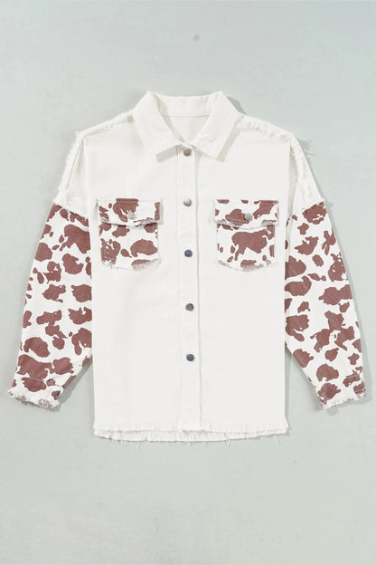 Raw Hem Animal Print Long Sleeve Denim Jacket - Denim Jackets - FITGGINS