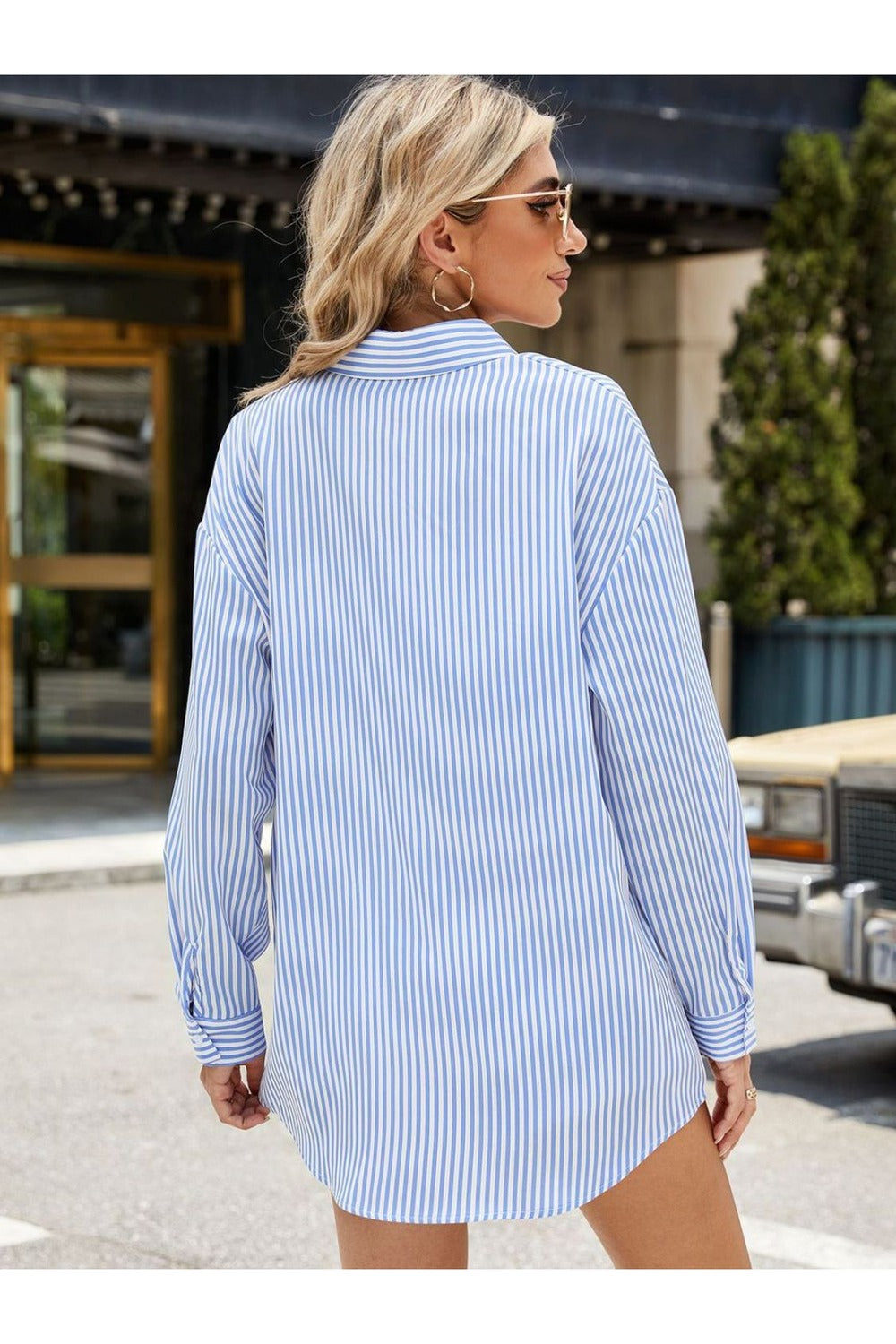 Pocketed Striped Collared Neck Long Sleeve Shirt - Shirts - FITGGINS