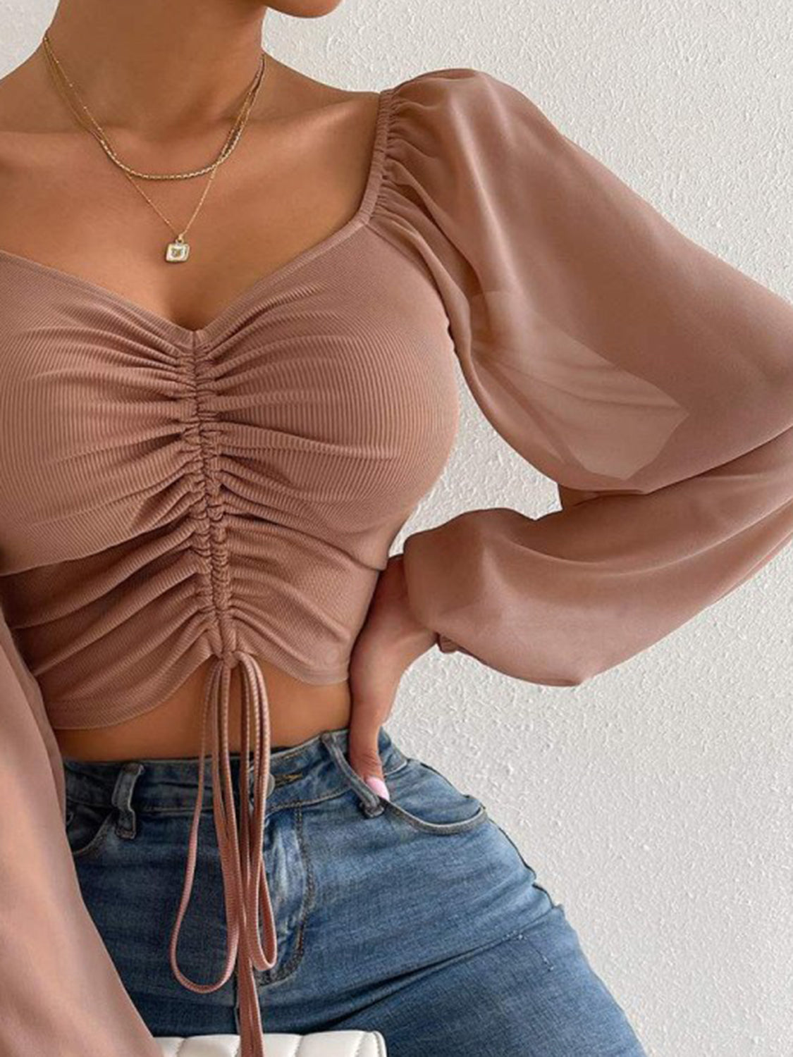 Drawstring Sweetheart Neck Cropped Top Fitggins