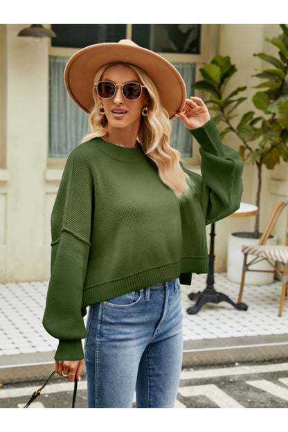 Round Neck Lantern Sleeve Sweater - Pullover Sweaters - FITGGINS