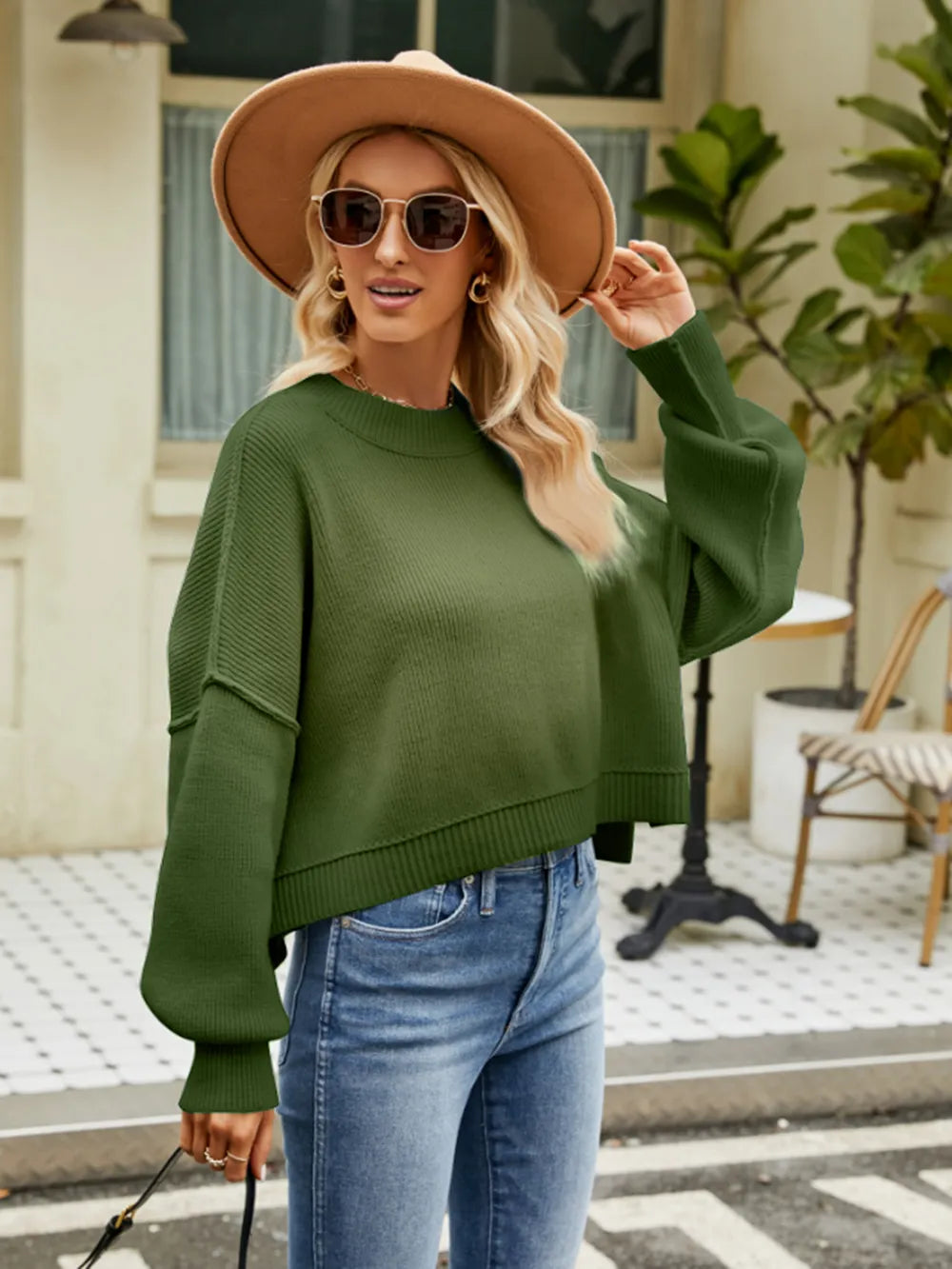 Round Neck Lantern Sleeve Sweater Army Green Fitggins