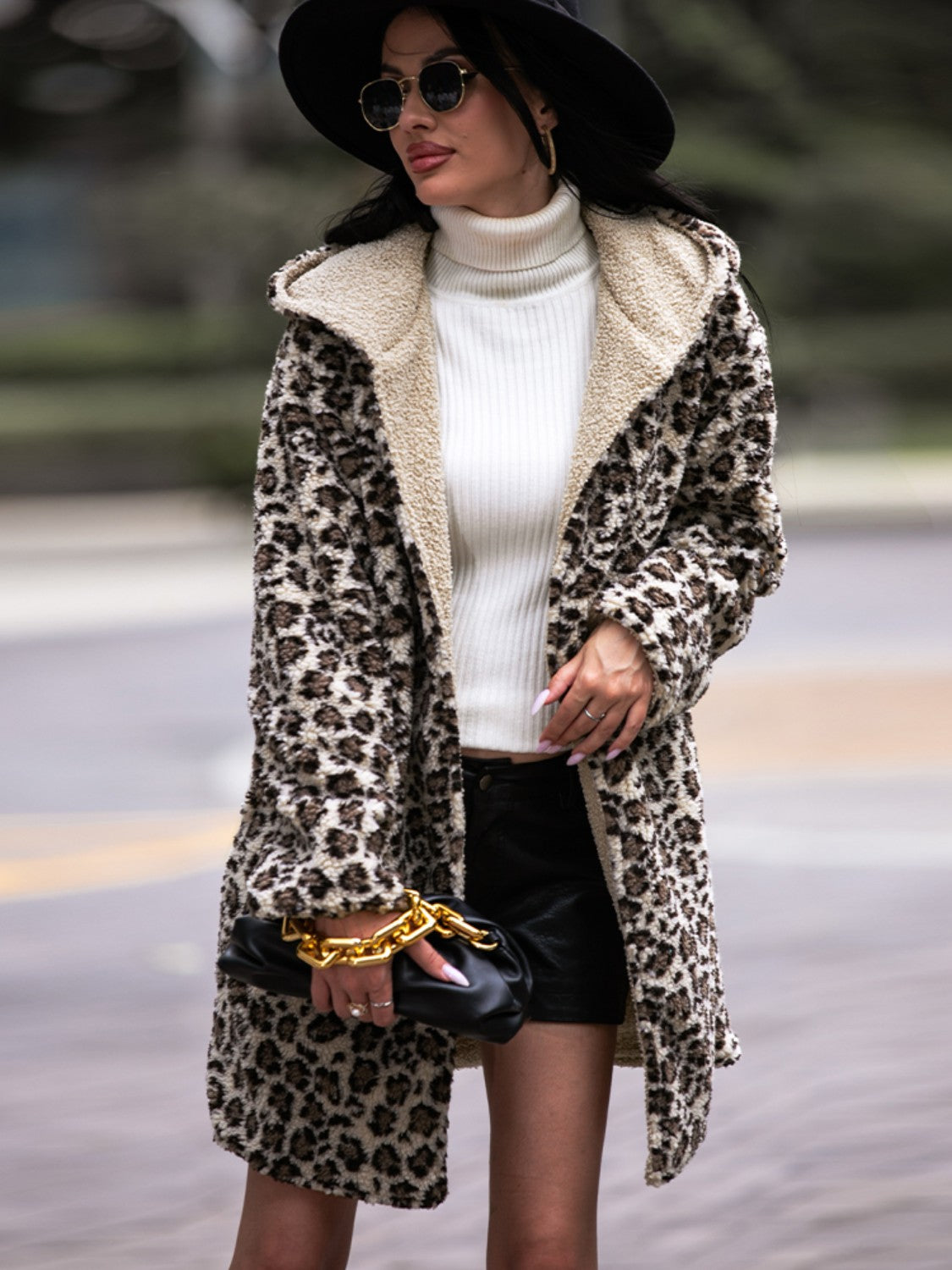 Shiny Leopard Hooded Coat with Pockets Fitggins