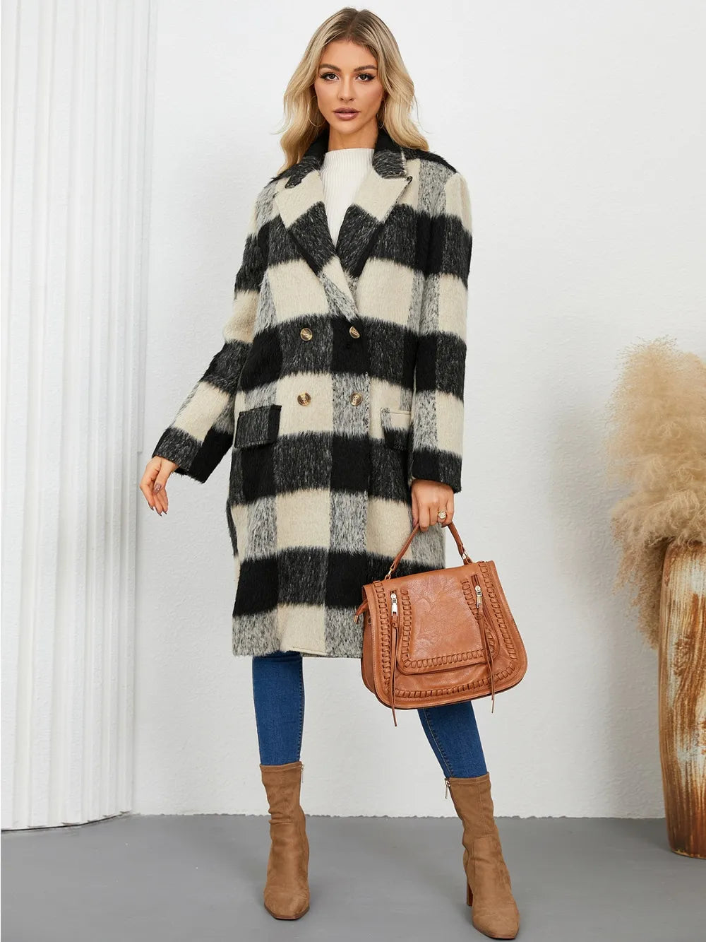Plaid Double-Breasted Long Sleeve Coat Fitggins
