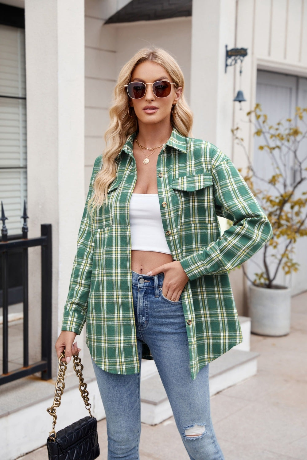 Mandy Plaid Button Up Long Sleeve Shirt Green Fitggins