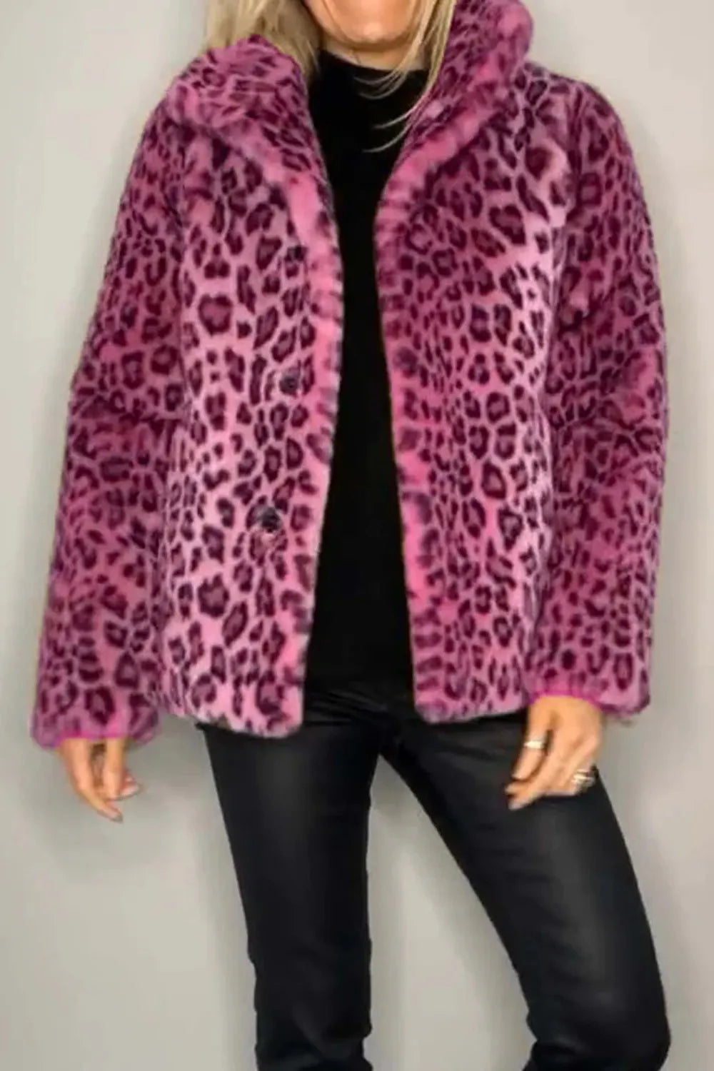 Full-Size Leopard Furry Collared Long-Sleeve Coat Cerise Fitggins