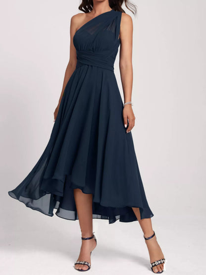 Ruched A-Line Midi Dress Dark Navy Blue Fitggins