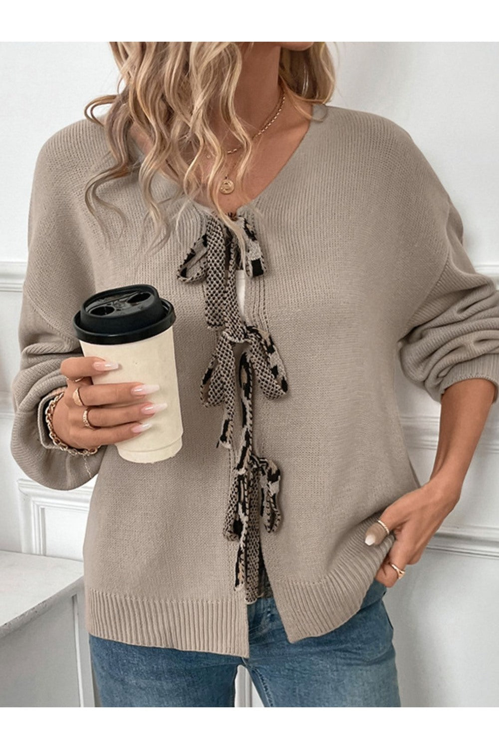 Perfee Tied Contrast Heart V-Neck Long Sleeve Cardigan - Cardigans - FITGGINS