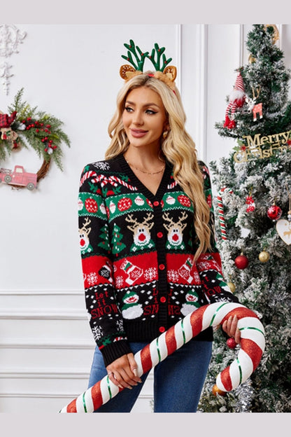 Reindeer Button Up Long Sleeve Cardigan - Cardigans - FITGGINS