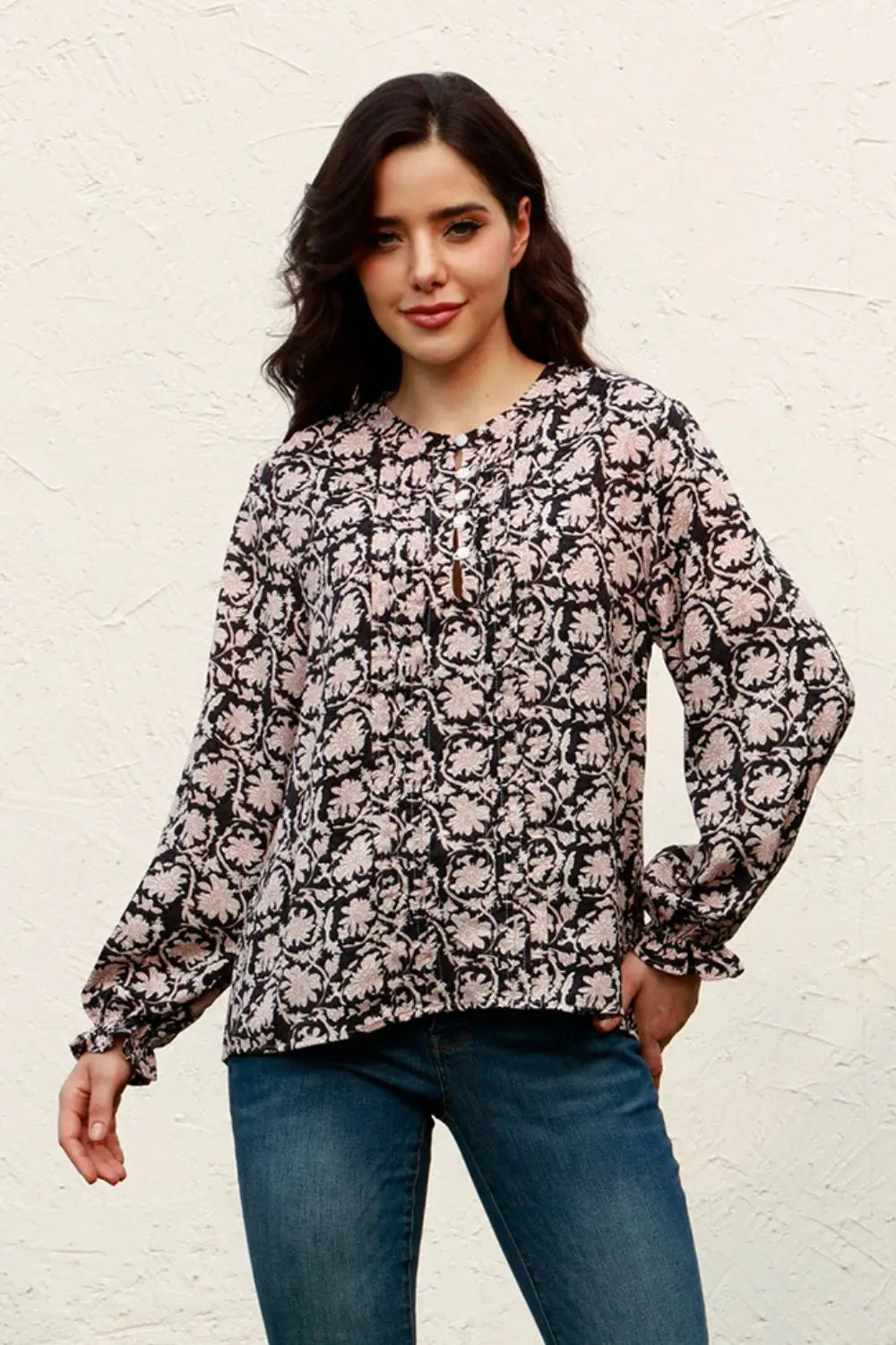 Floral Flounce Sleeve Round Neck Blouse Black Fitggins