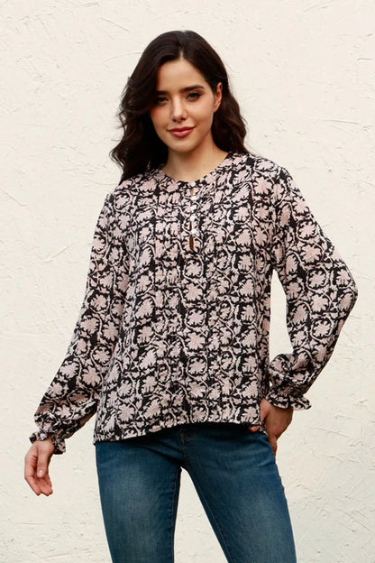 Floral Flounce Sleeve Round Neck Blouse Black Fitggins