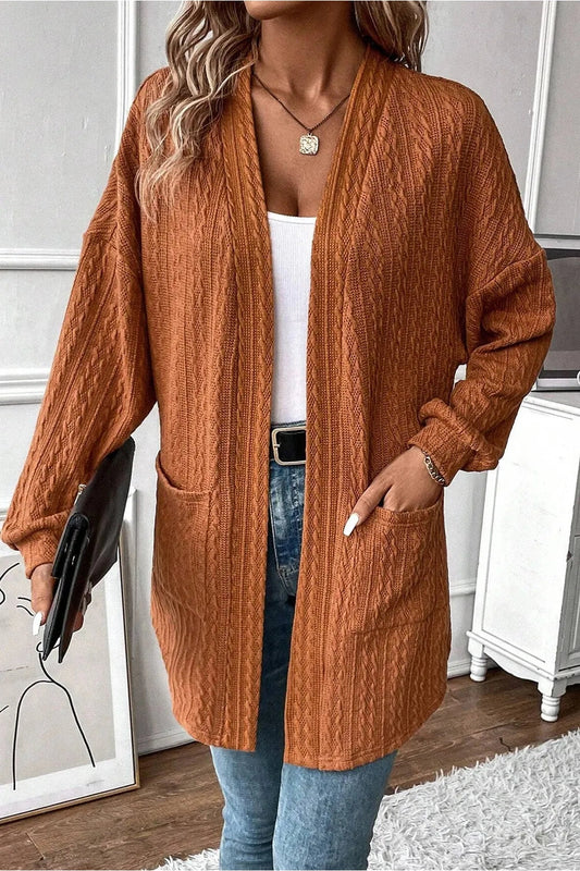 Textured Pocketed Open Front Long Sleeve Cover Up - Cardigans - FITGGINS