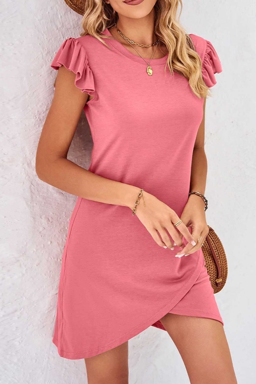 Ruffled Round Neck Cap Sleeve Mini Dress - Casual & Maxi Dresses - FITGGINS