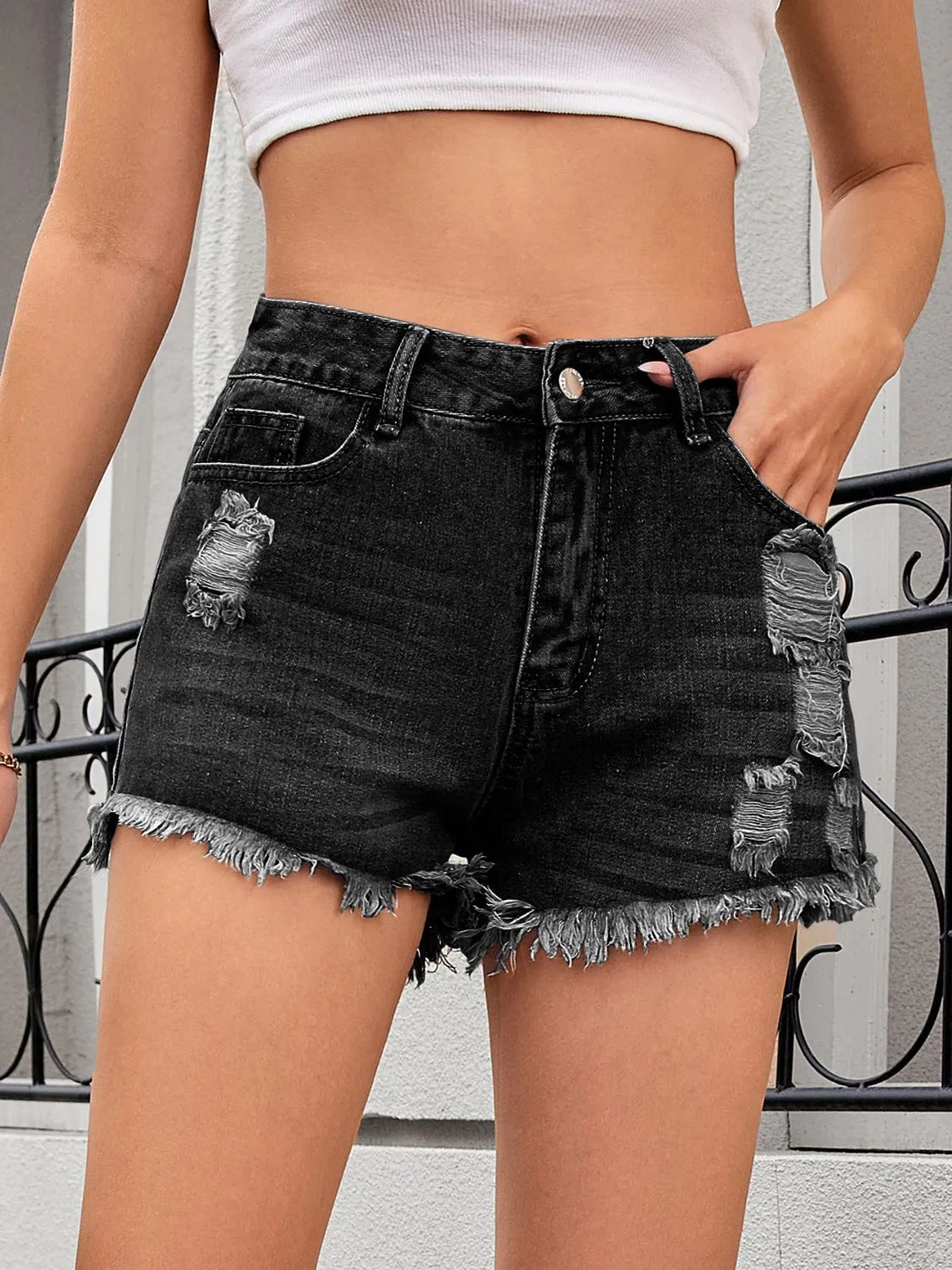 Distressed Raw Hem Denim Shorts Black Fitggins