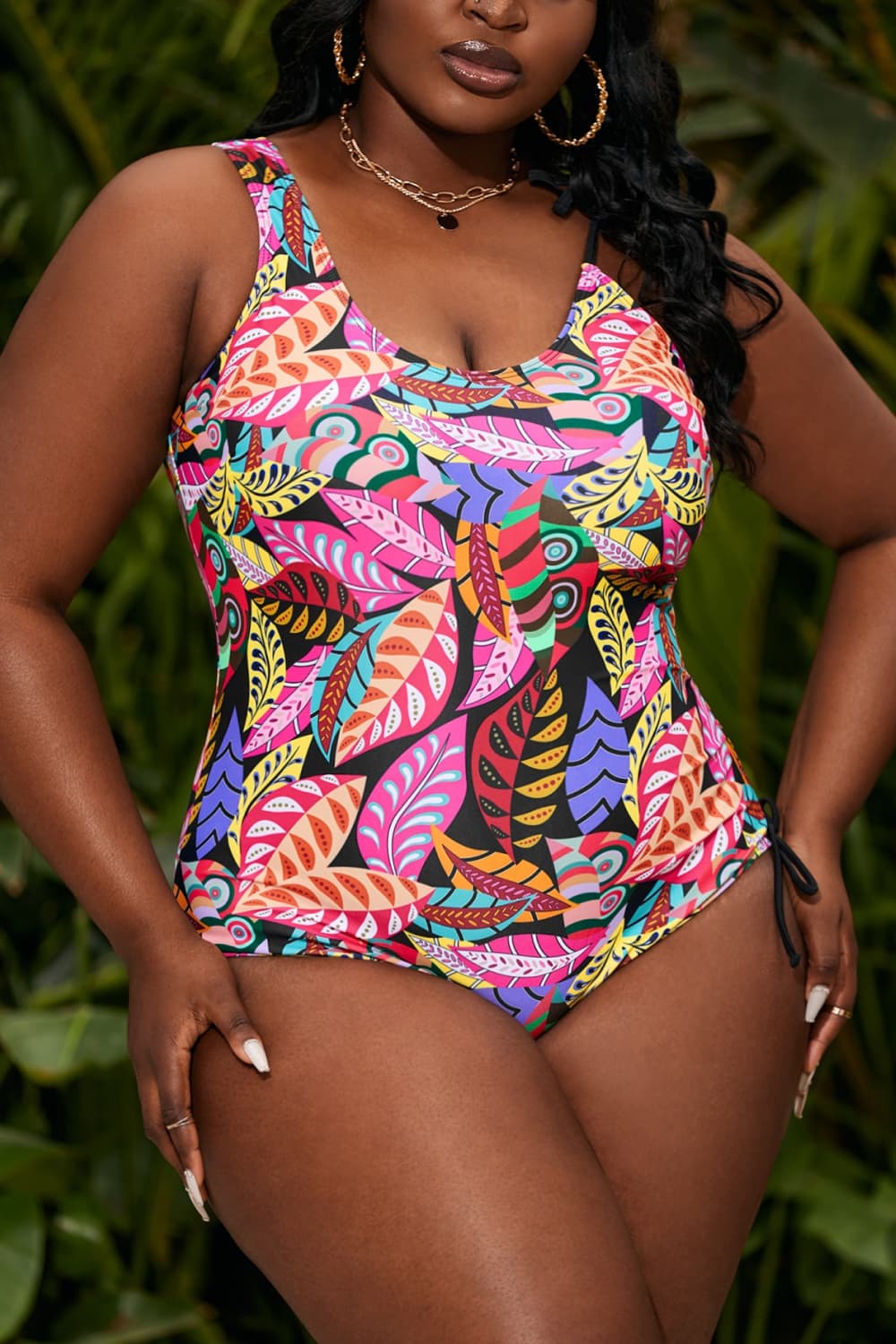 Plus Size Printed Tied Sleeveless One-Piece Swimsuit - Swimwear One-Pieces - FITGGINS