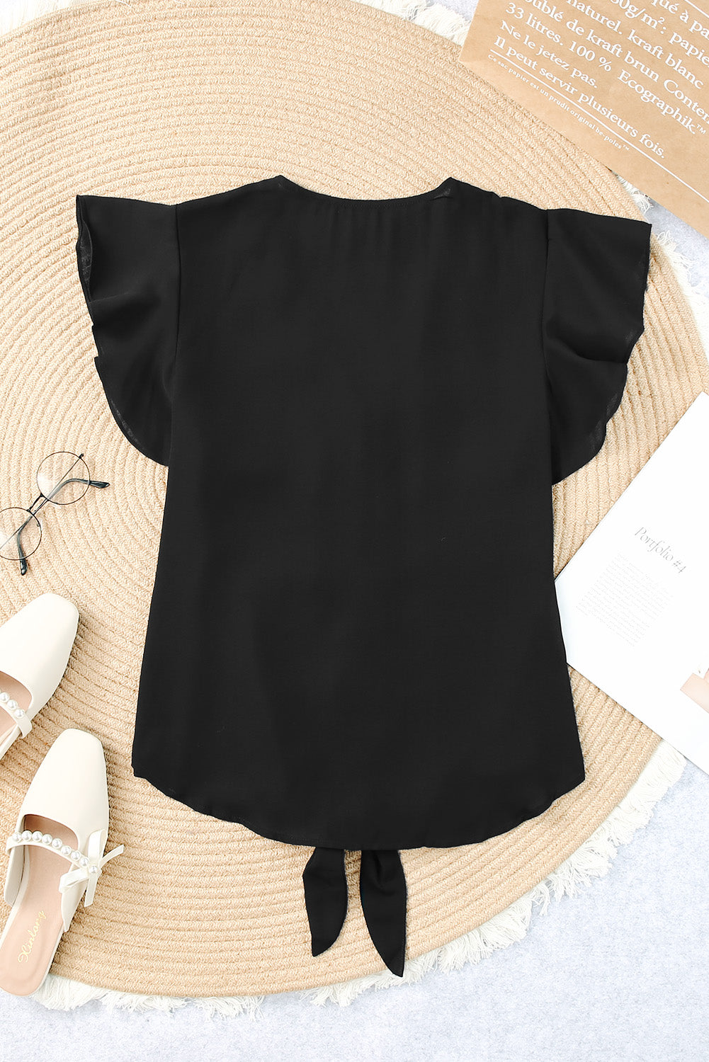 V-Neck Tie Hem Flutter Sleeve Blouse Fitggins