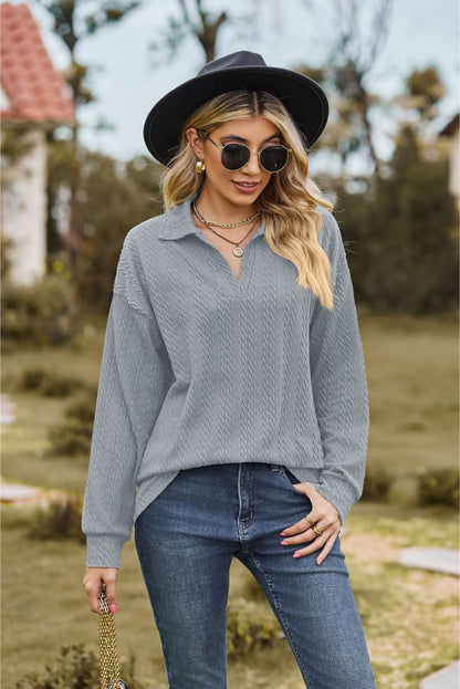 Collared Neck Cable-Knit Long Sleeve Blouse Light Blue Fitggins