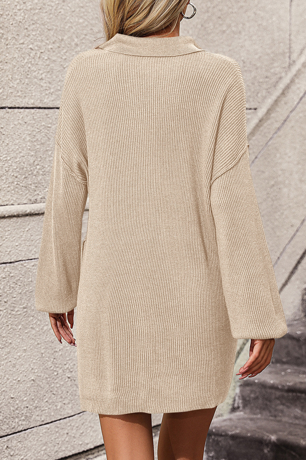 Collared Neck Long Sleeve Sweater Dress with Pockets - Sweater Dresses - FITGGINS