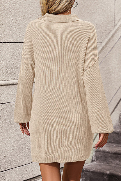 Collared Neck Long Sleeve Sweater Dress with Pockets - Sweater Dresses - FITGGINS