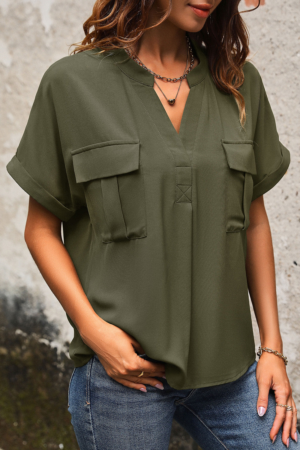 Perfee Pocketed Notched Short Sleeve Blouse - Blouses - FITGGINS