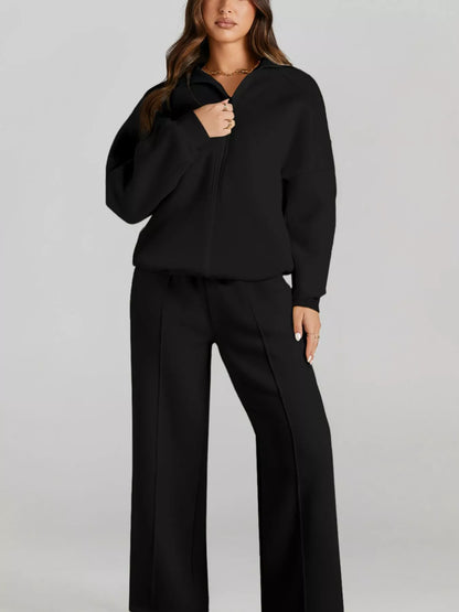 Drop Shoulder Zip Up Jacket and Drawstring Pants Active 2pcs Set Fitggins