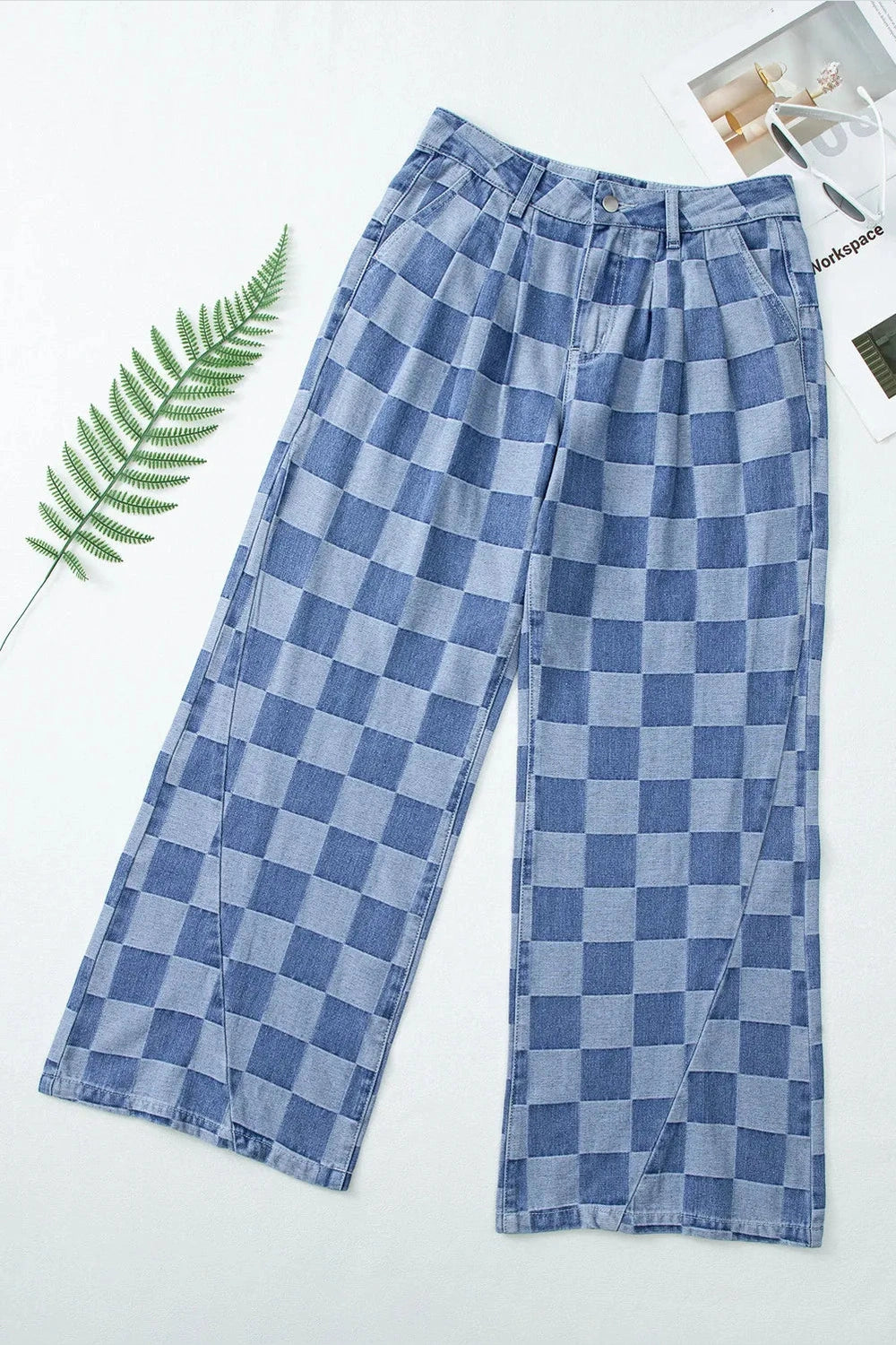 Checkered Wide Leg Jeans with Pockets - Jeans - FITGGINS