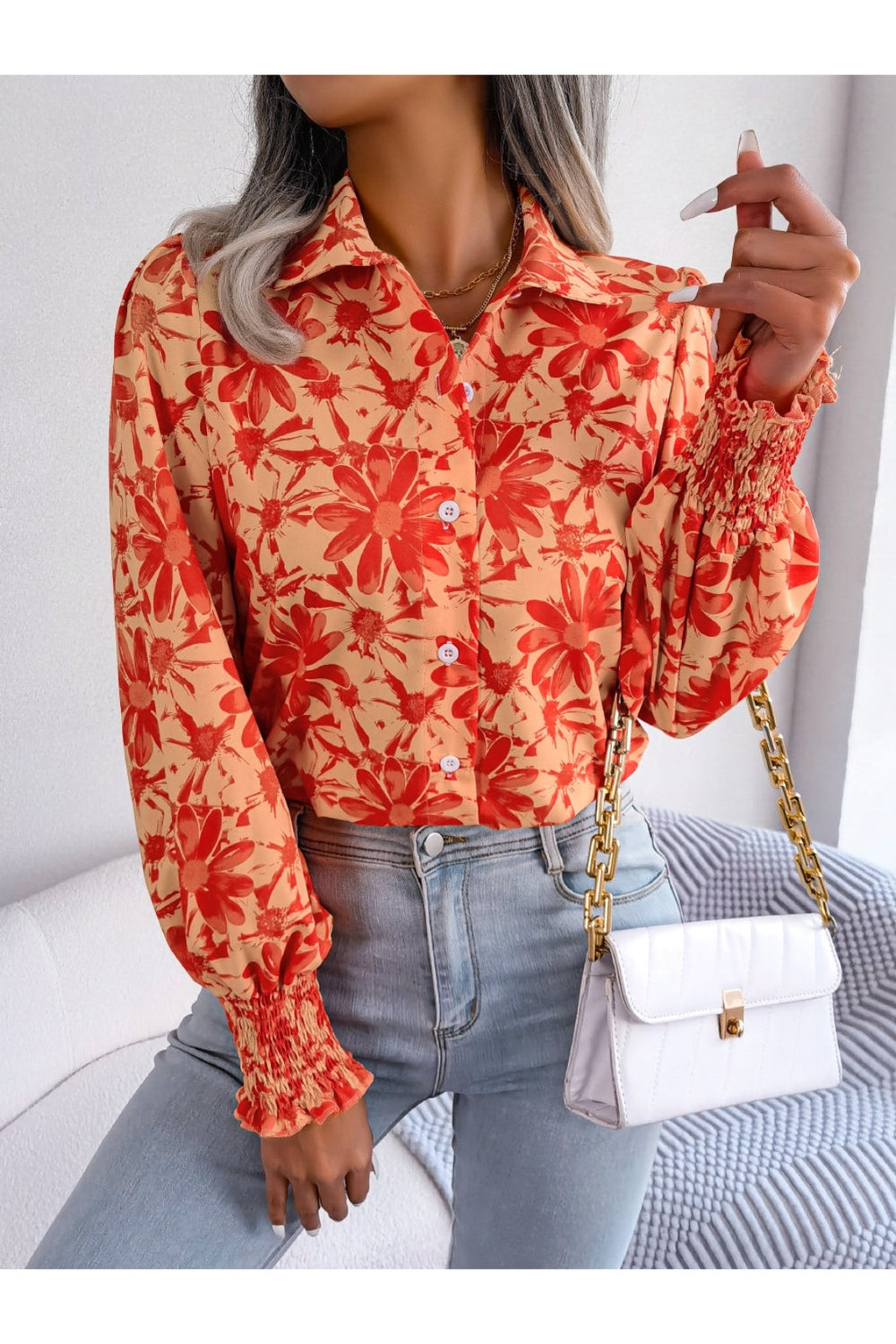 Floral Collared Neck Long Sleeve Shirt - Shirts - FITGGINS