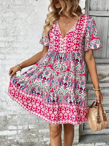 Printed Tie Neck Short Sleeve Dress Fitggins