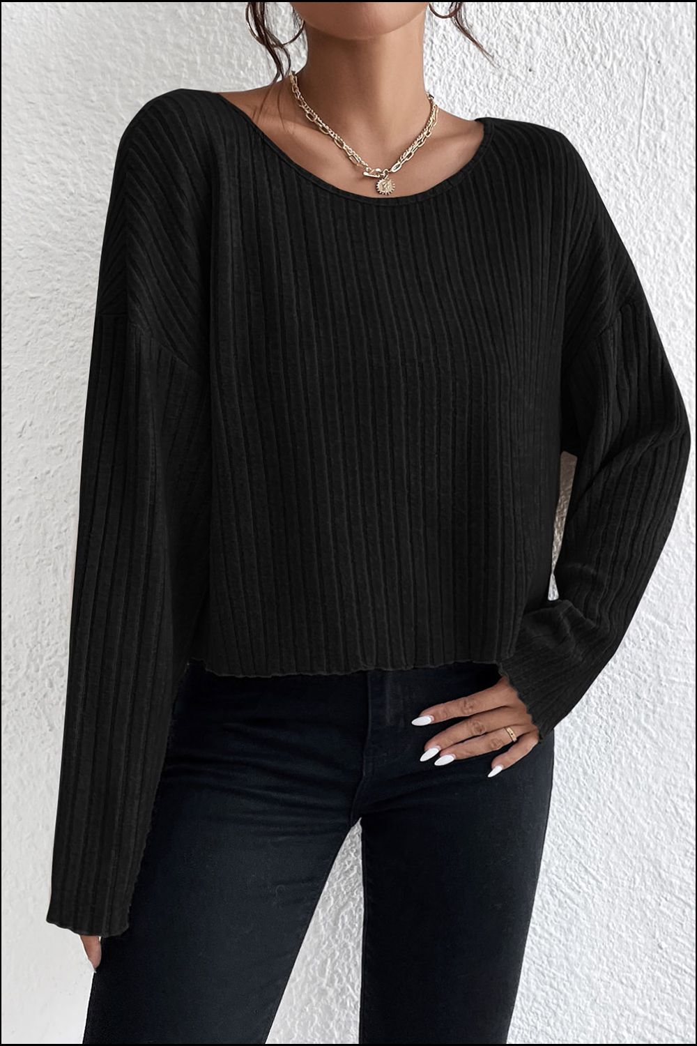 Ribbed Round Neck Drop Shoulder Long Sleeve Top - Blouses - FITGGINS